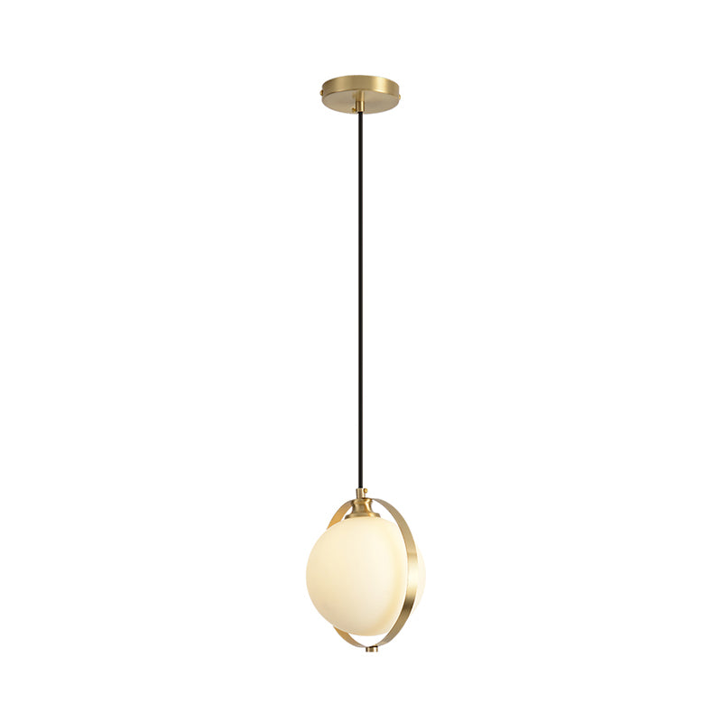Simple White Frosted Glass Pendant Light with Brass Ring - Global Suspended Lamp for Bedside or Ceiling, 1 Bulb