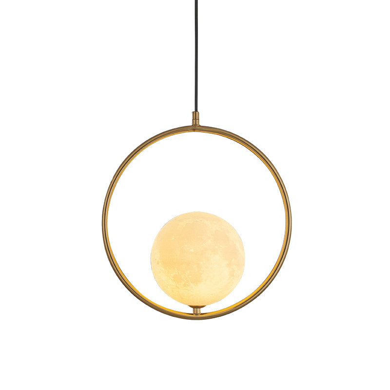 Contemporary Frosted White Glass Globe Pendant Light - Gold Ceiling Lamp with Metal Ring