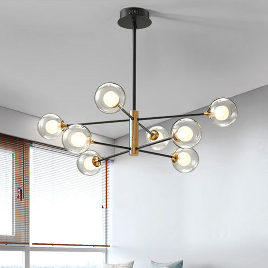 Modern Black & Gold 8-Light Pendant Chandelier with Clear Glass - Ball Living Room Hanging Lighting
