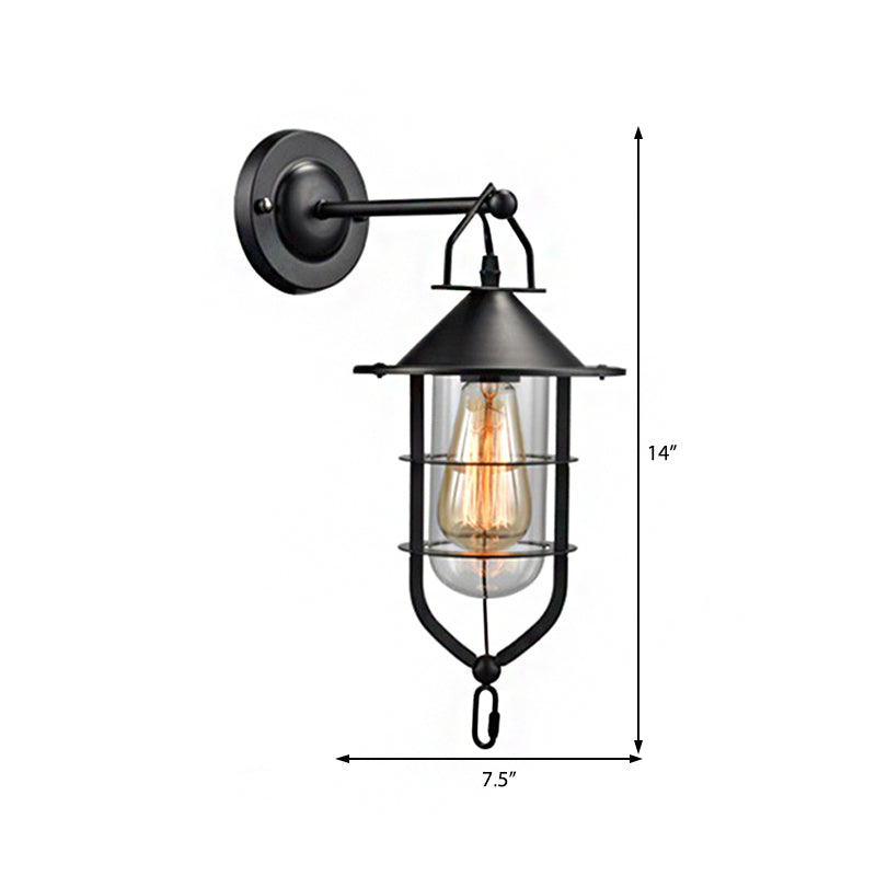 Black Sconce Lamp: Clear Glass Capsule, 1-Light Traditional Wall Mount with Cage