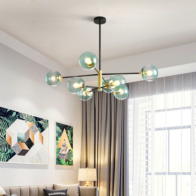 Modern Brass Chandelier with Blue Glass Shades - 8-Light Pendant Fixture