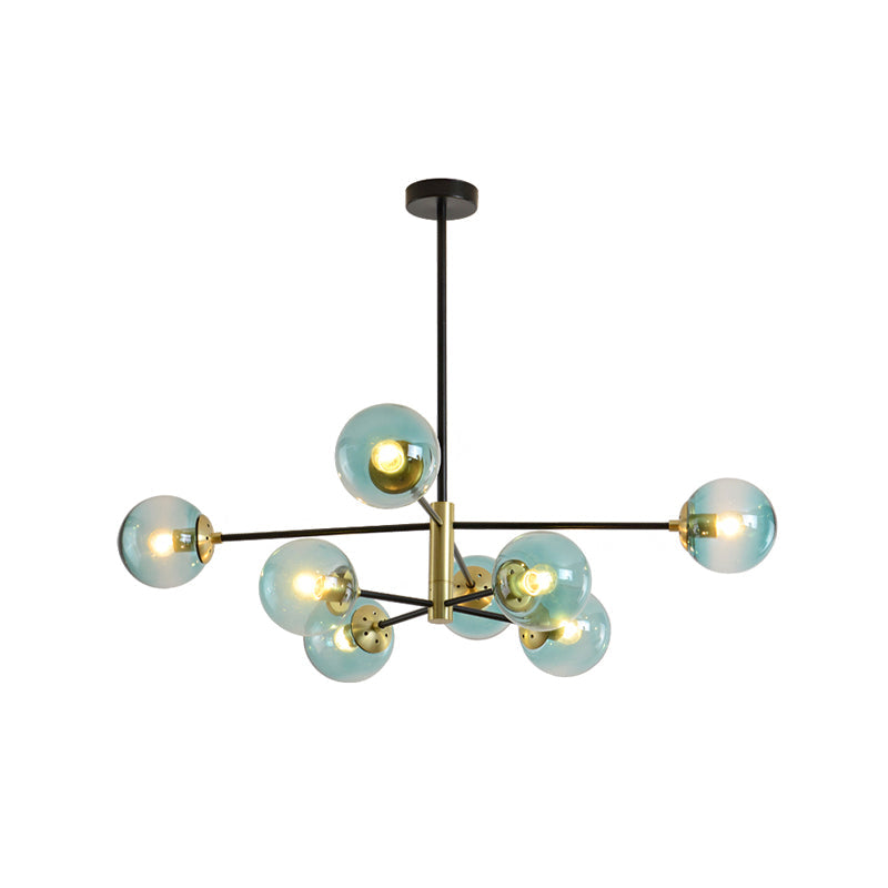 Modern Brass Chandelier with Blue Glass Shades - 8-Light Pendant Fixture