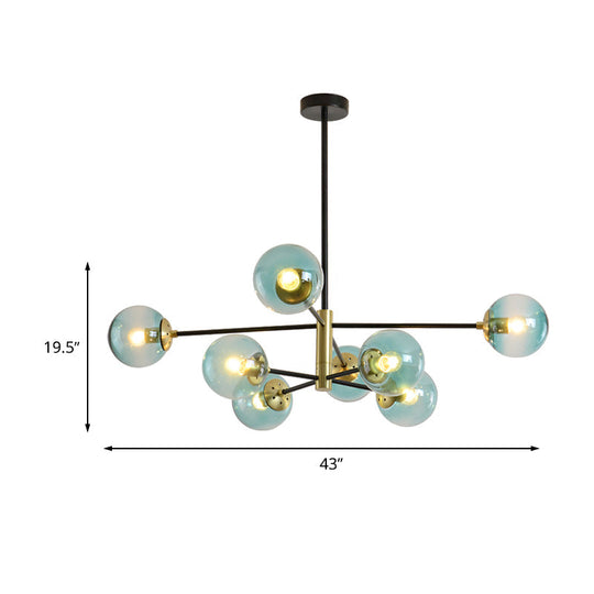 Modern Brass Chandelier with Blue Glass Shades - 8-Light Pendant Fixture