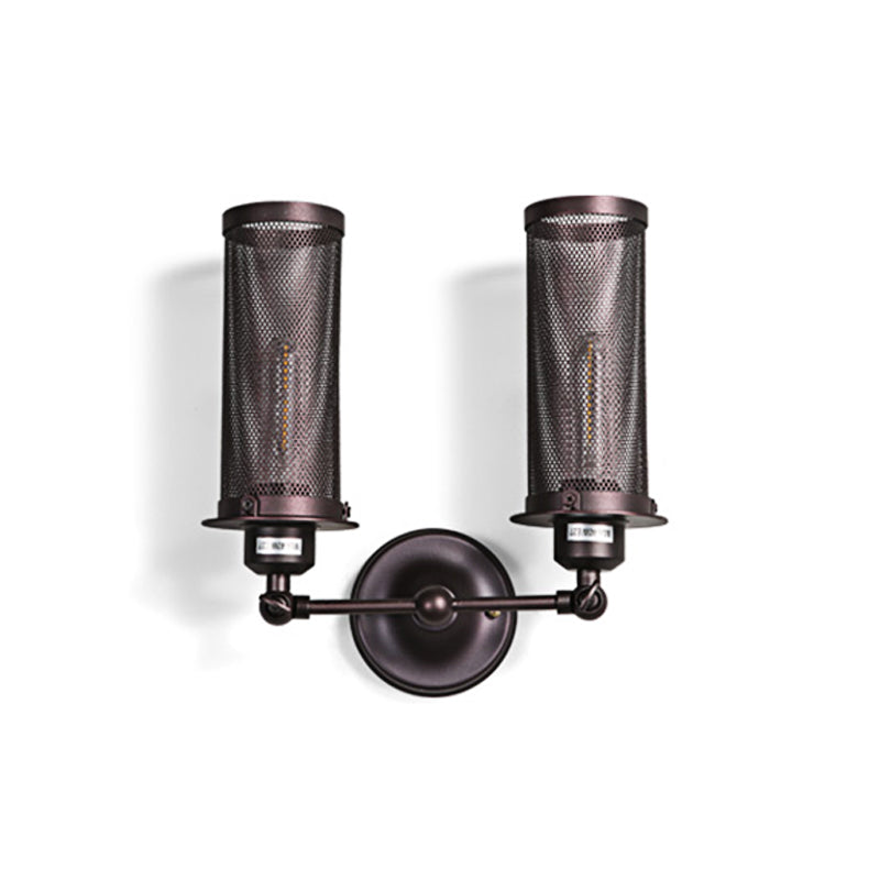Industrial Metal 2-Light Black Cylinder Wall Sconce with Cage and Round Backplate for Bedroom Lighting
