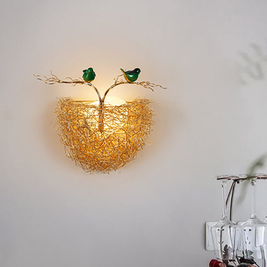 Postmodern Opal Glass Globe Wall Sconce Light with Bird Nest Design - Gold Wall Lamp 14"/15" Wide
