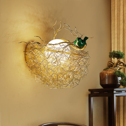 Postmodern Opal Glass Globe Wall Sconce Light with Bird Nest Design - Gold Wall Lamp 14"/15" Wide