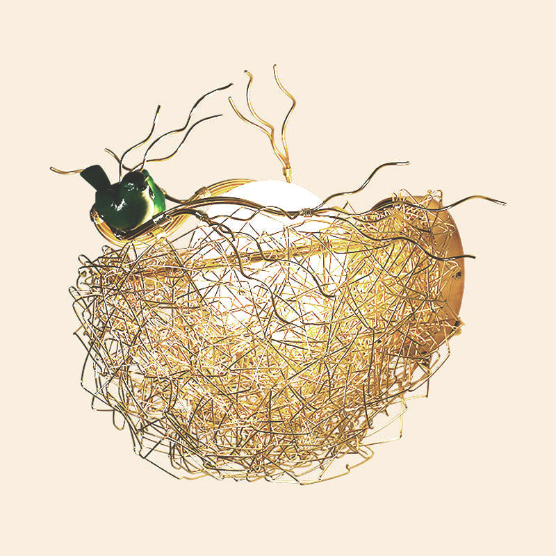 Postmodern Opal Glass Globe Wall Sconce Light with Bird Nest Design - Gold Wall Lamp 14"/15" Wide