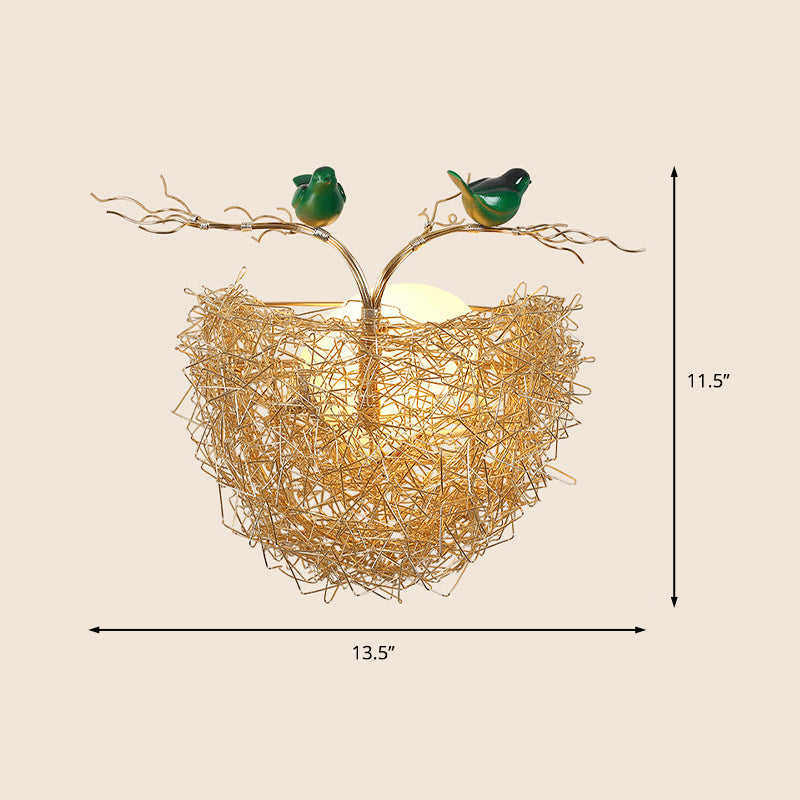 Postmodern Opal Glass Globe Wall Sconce Light with Bird Nest Design - Gold Wall Lamp 14"/15" Wide