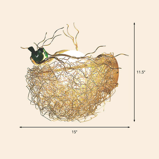 Postmodern Opal Glass Globe Wall Sconce Light with Bird Nest Design - Gold Wall Lamp 14"/15" Wide