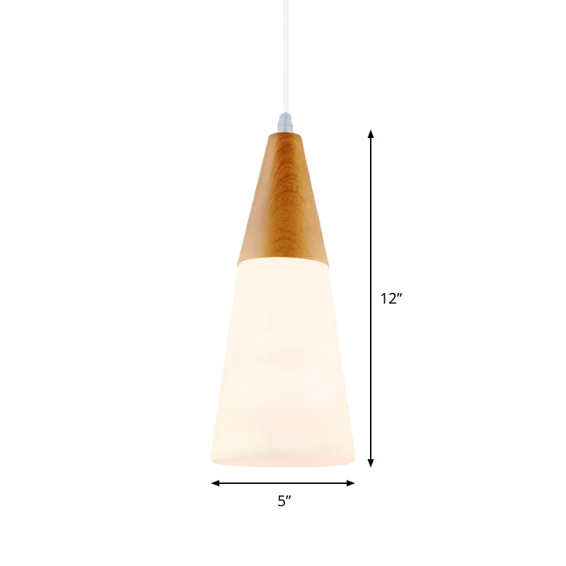 Modern Glass Cone Pendant Light with Wood Cap - White