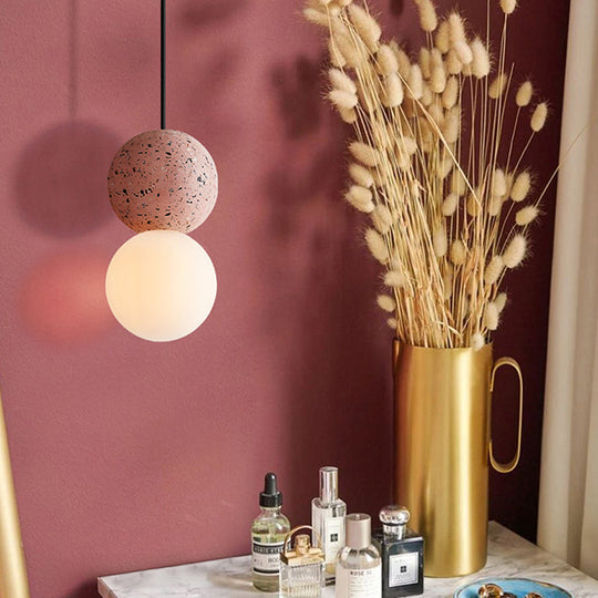 Modern Glass and Terrazzo Double Ball Pendant Light in Pink/Grey- 1-Light Ceiling Hanging Lamp