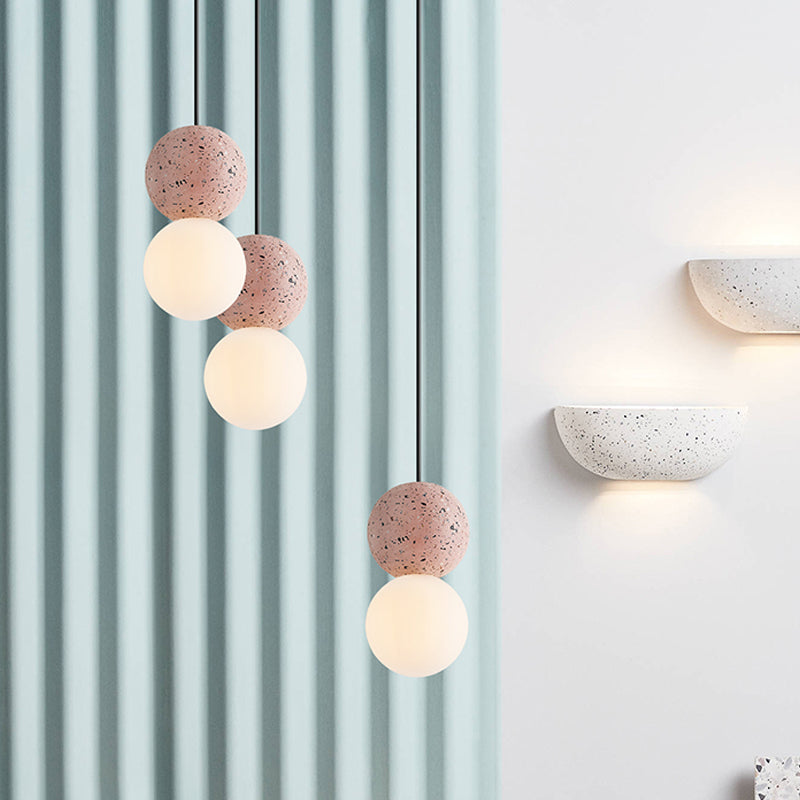 Modern Glass and Terrazzo Double Ball Pendant Light in Pink/Grey- 1-Light Ceiling Hanging Lamp