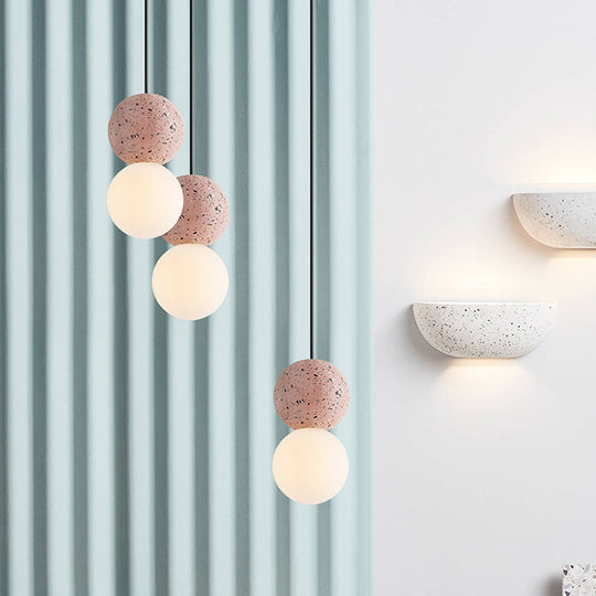 Modern Glass and Terrazzo Double Ball Pendant Light in Pink/Grey- 1-Light Ceiling Hanging Lamp