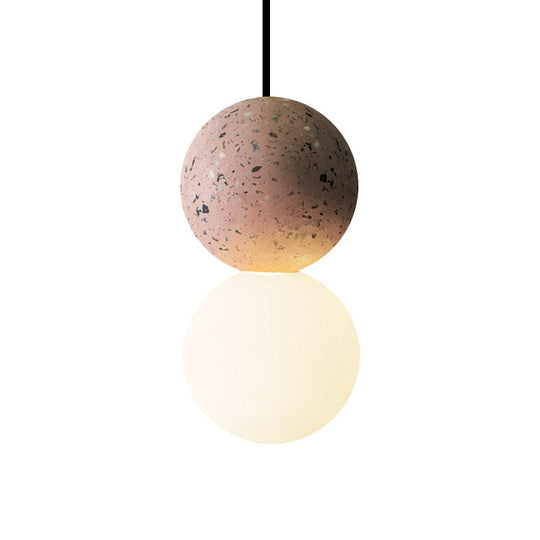 Modern Glass and Terrazzo Double Ball Pendant Light in Pink/Grey- 1-Light Ceiling Hanging Lamp