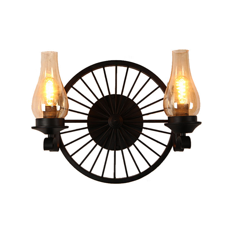Coastal Amber Glass Wall Sconce - Vase Shade Dining Room Light Fixture with Black Half-Light Lamp & Wheel Design