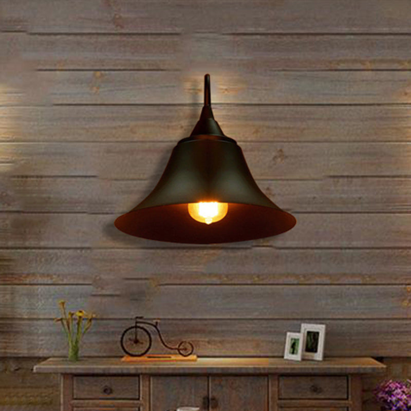 Black Metal Sconce Light: Cone Shade Wall Fixture for Bedroom, Industrial Style with Single Bulb