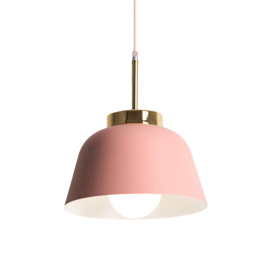 Macaron Style Pink Pendant Ceiling Lamp with Iron Bowl Shade - 1-Light Dining Room Hanging Fixture