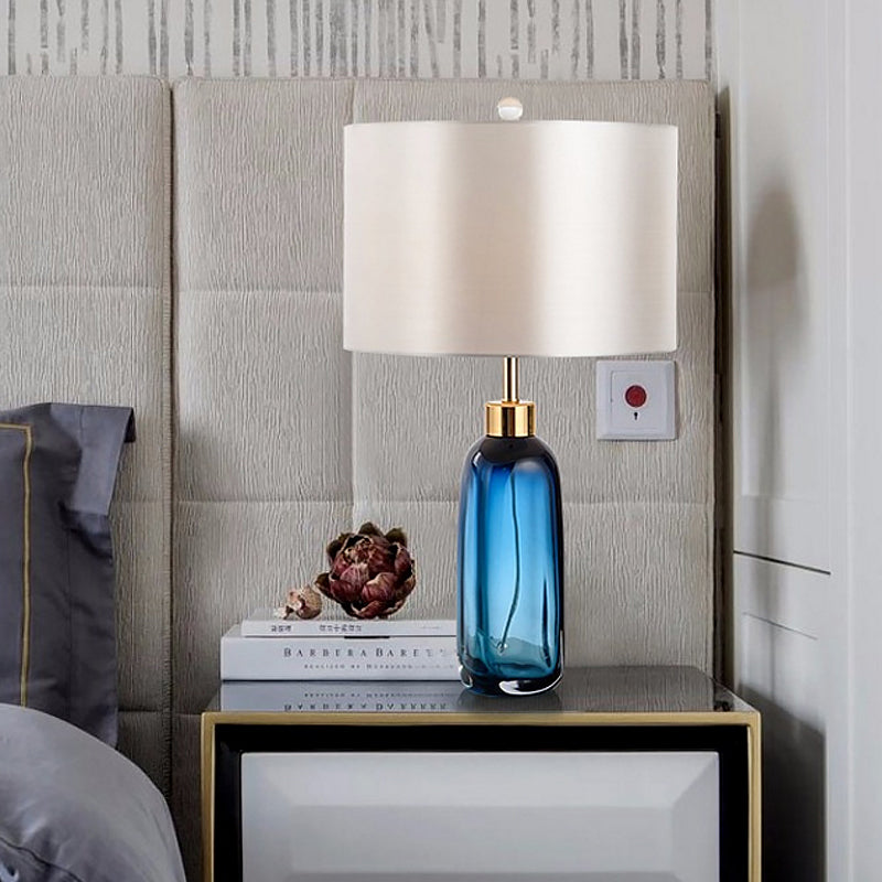 Modern Blue Small Desk Lamp with Cylindrical Fabric Shade - Study Task Lighting