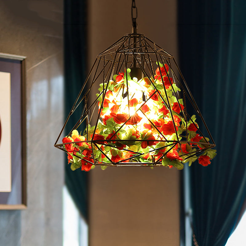 Vintage Geometric Pendant Ceiling Light in Black with Metal LED Flower Suspension