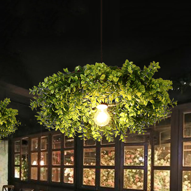 Retro Metal Ceiling Light with Exposed Bulb and Plant Decor - Black Finish