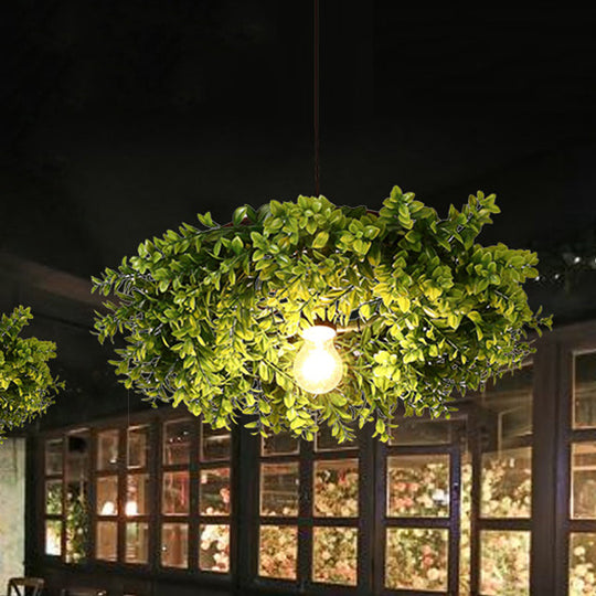 Retro Metal Ceiling Light with Exposed Bulb and Plant Decor - Black Finish