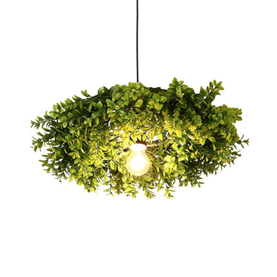 Retro Metal Ceiling Light with Exposed Bulb and Plant Decor - Black Finish