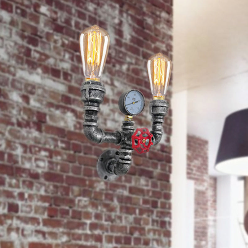 Aged Silver Wall Mounted Pipe Light - Vintage Metal U Shaped Sconce Lamp with 2 Lights