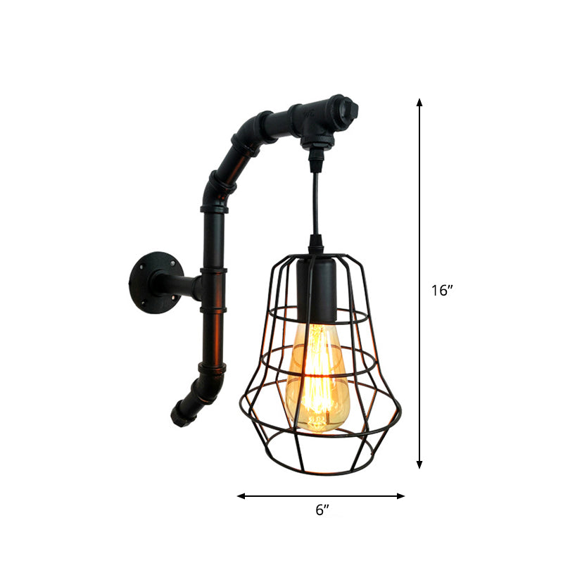 Industrial Black Metal Cage Sconce Light - 1-Light Wall Fixture for Bedroom