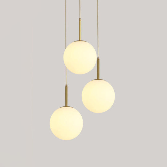 Modern Glass Orb Ceiling Light with 3 Brass Lights - White Pendant Lamp