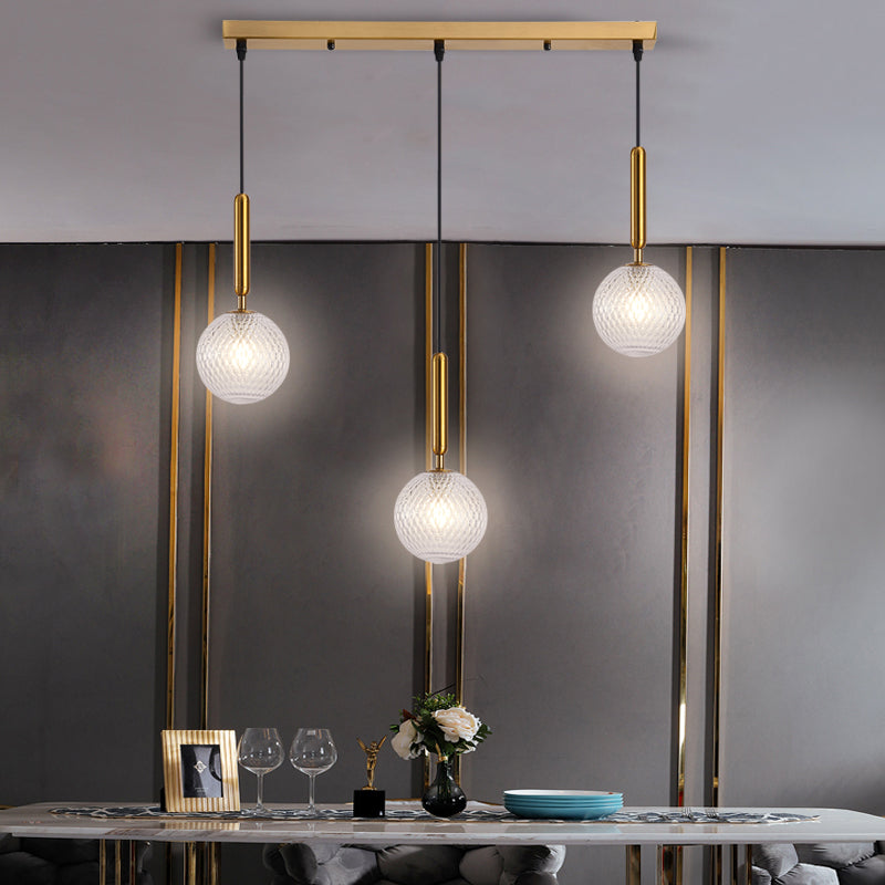 Modern Modo 3-Head Pendant Lamp with Clear Lattice Glass - Dining Room Cluster Light in Brass, 6"/8" Wide