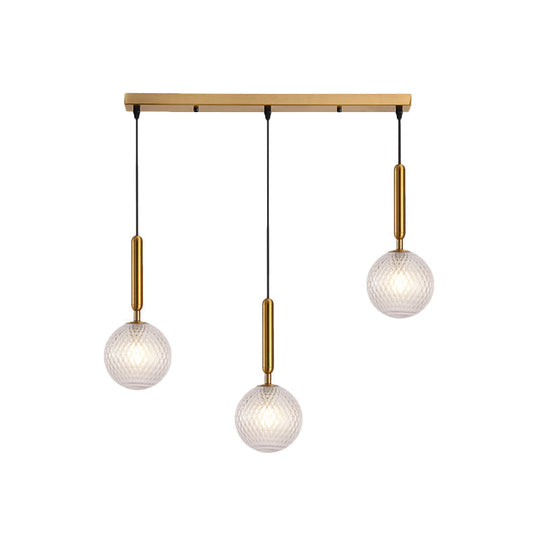 Modern Modo 3-Head Pendant Lamp with Clear Lattice Glass - Dining Room Cluster Light in Brass, 6"/8" Wide