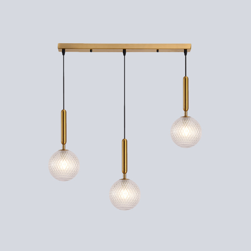 Modern Modo 3-Head Pendant Lamp with Clear Lattice Glass - Dining Room Cluster Light in Brass, 6"/8" Wide