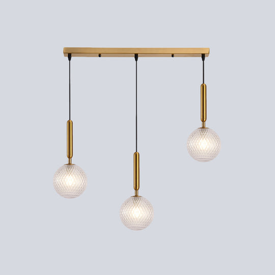 Modern Modo 3-Head Pendant Lamp with Clear Lattice Glass - Dining Room Cluster Light in Brass, 6"/8" Wide