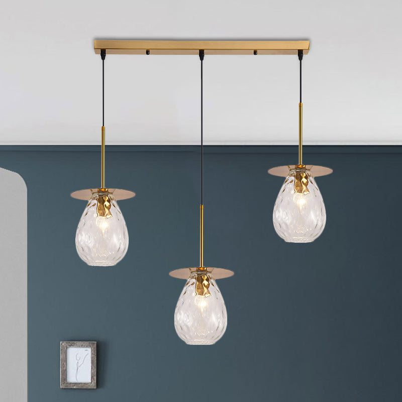 Modern Modo 3-Head Pendant Lamp with Clear Lattice Glass - Dining Room Cluster Light in Brass, 6"/8" Wide