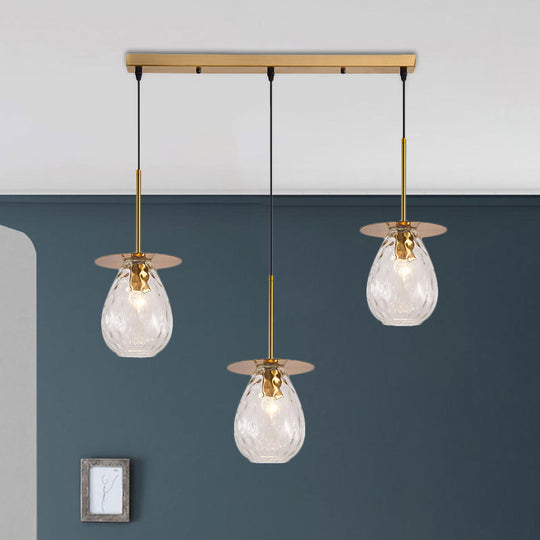 Modern Modo 3-Head Pendant Lamp with Clear Lattice Glass - Dining Room Cluster Light in Brass, 6"/8" Wide