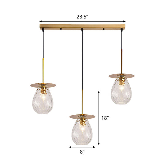 Modern Modo 3-Head Pendant Lamp with Clear Lattice Glass - Dining Room Cluster Light in Brass, 6"/8" Wide