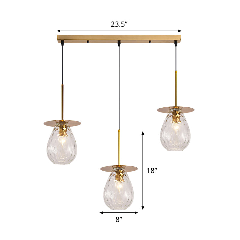 Modern Modo 3-Head Pendant Lamp with Clear Lattice Glass - Dining Room Cluster Light in Brass, 6"/8" Wide