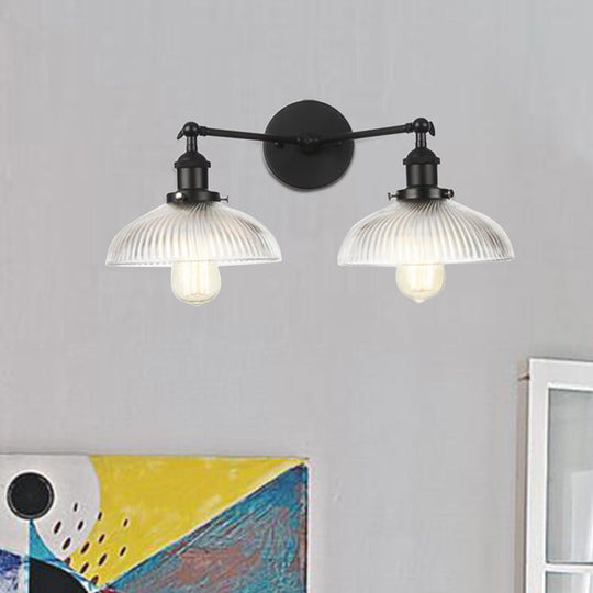 Industrial Domed Ribbed Glass Wall Light with Bronze/Brass/Copper Finish - 2-Light Sconce Lamp for Living Room