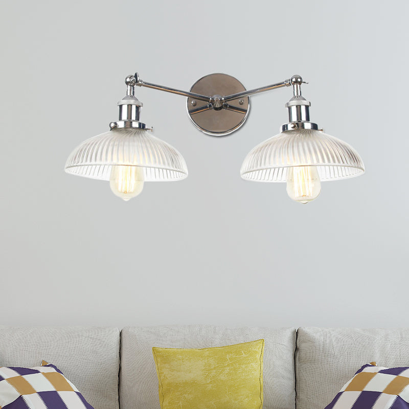 Industrial Domed Ribbed Glass Wall Light with Bronze/Brass/Copper Finish - 2-Light Sconce Lamp for Living Room