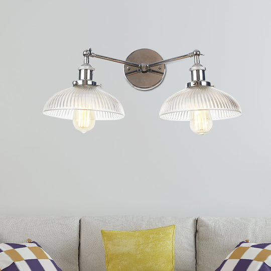 Industrial Domed Ribbed Glass Wall Light with Bronze/Brass/Copper Finish - 2-Light Sconce Lamp for Living Room