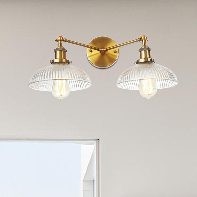 Industrial Domed Ribbed Glass Wall Light with Bronze/Brass/Copper Finish - 2-Light Sconce Lamp for Living Room