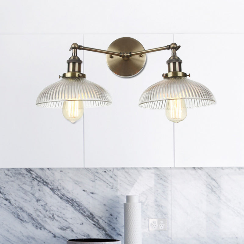Industrial Domed Ribbed Glass Wall Light with Bronze/Brass/Copper Finish - 2-Light Sconce Lamp for Living Room