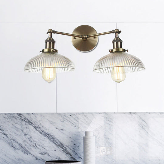Industrial Domed Ribbed Glass Wall Light with Bronze/Brass/Copper Finish - 2-Light Sconce Lamp for Living Room