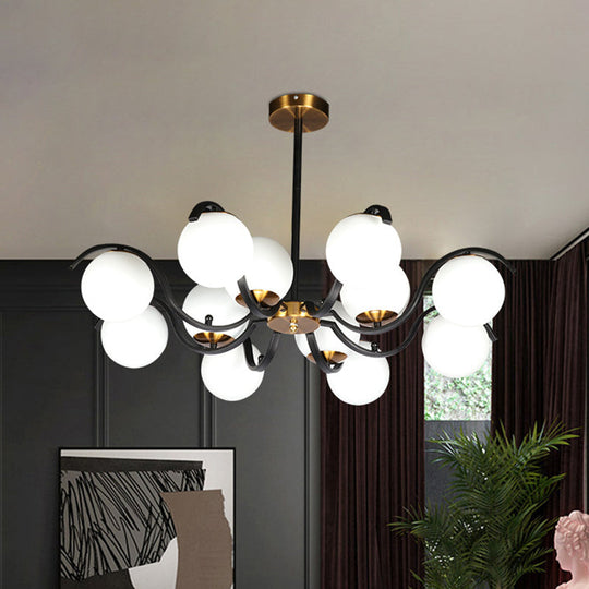 Minimalist Milky Glass Globe Pendant Chandelier - 12 Lights, Down Lighting - Black - Living Room