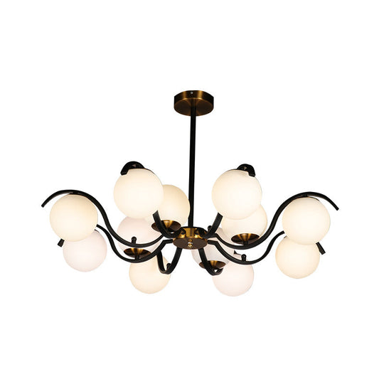 Minimalist Milky Glass Globe Pendant Chandelier - 12 Lights, Down Lighting - Black - Living Room