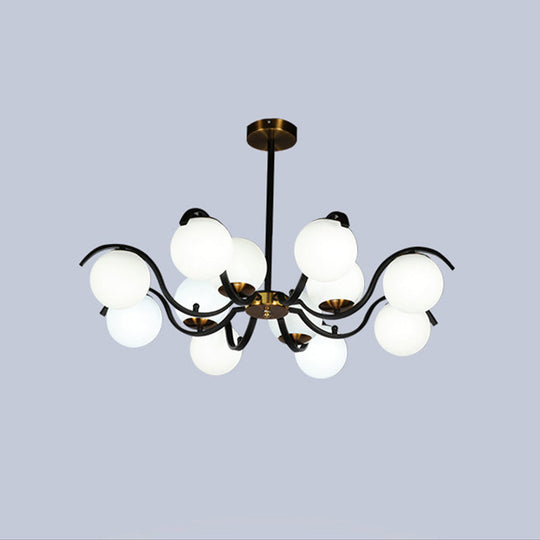 Minimalist Milky Glass Globe Pendant Chandelier - 12 Lights, Down Lighting - Black - Living Room