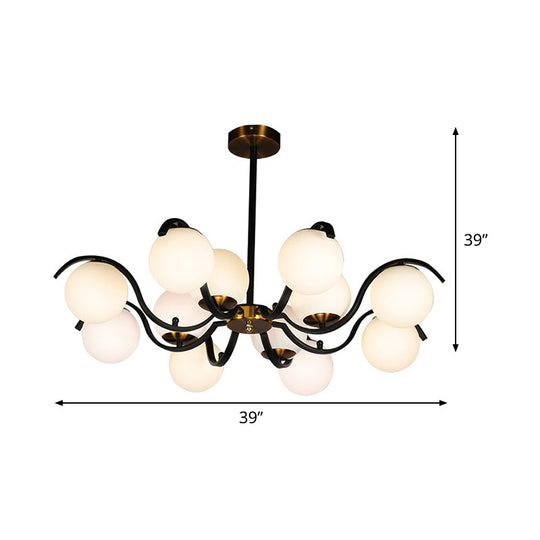 Minimalist Milky Glass Globe Pendant Chandelier - 12 Lights, Down Lighting - Black - Living Room