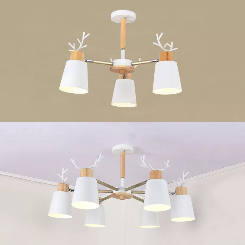 White Nordic Style Antler Chandelier - Metal Bucket Hanging Light for Living Room