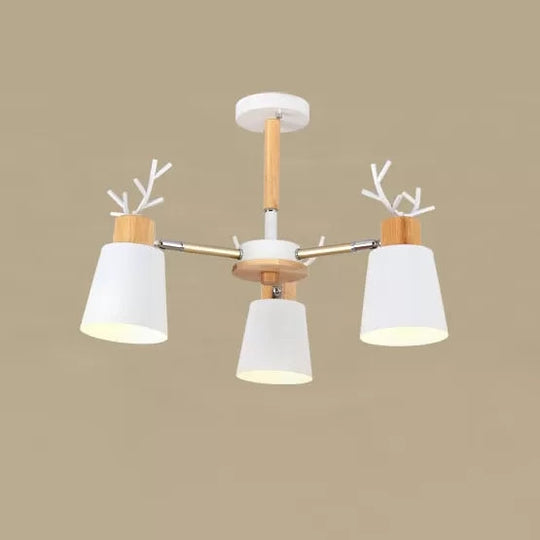 White Nordic Style Antler Chandelier - Metal Bucket Hanging Light for Living Room