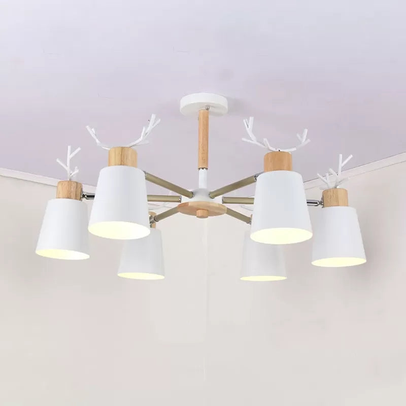 White Nordic Style Antler Chandelier - Metal Bucket Hanging Light for Living Room